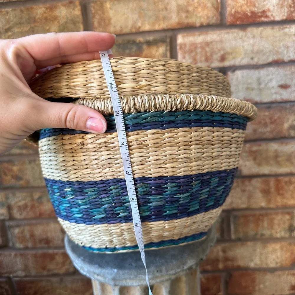 Handwoven Round Seagrass Basket with Lid Blue Green Neutral Striped Boho Storage